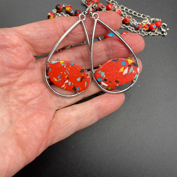 Bright Red Abstract Papparazi Necklace & 2 Pairs Earrings Set - Picture 11 of 12